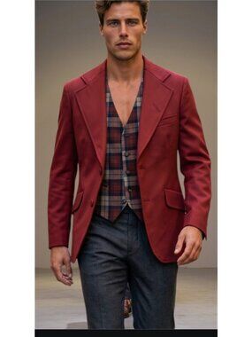 70s Mens Blazer Matching Vest Sz XS/S Burgandy Maroon Plaid Retro Polyester